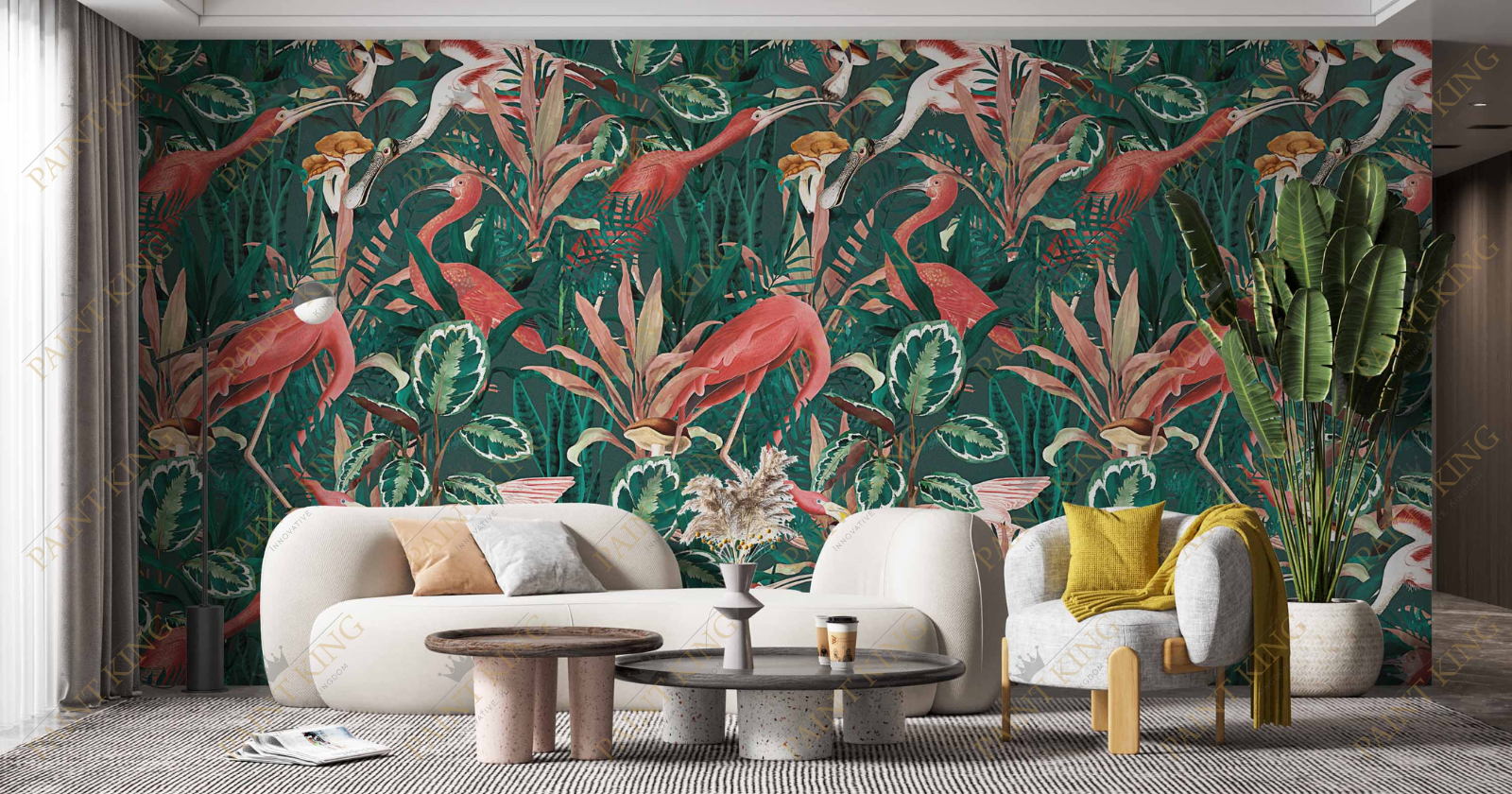 A close-up view of a vibrant UV digital print on a wall cladding, featuring a flamingo wallpaper with intricate details and a lush green background.