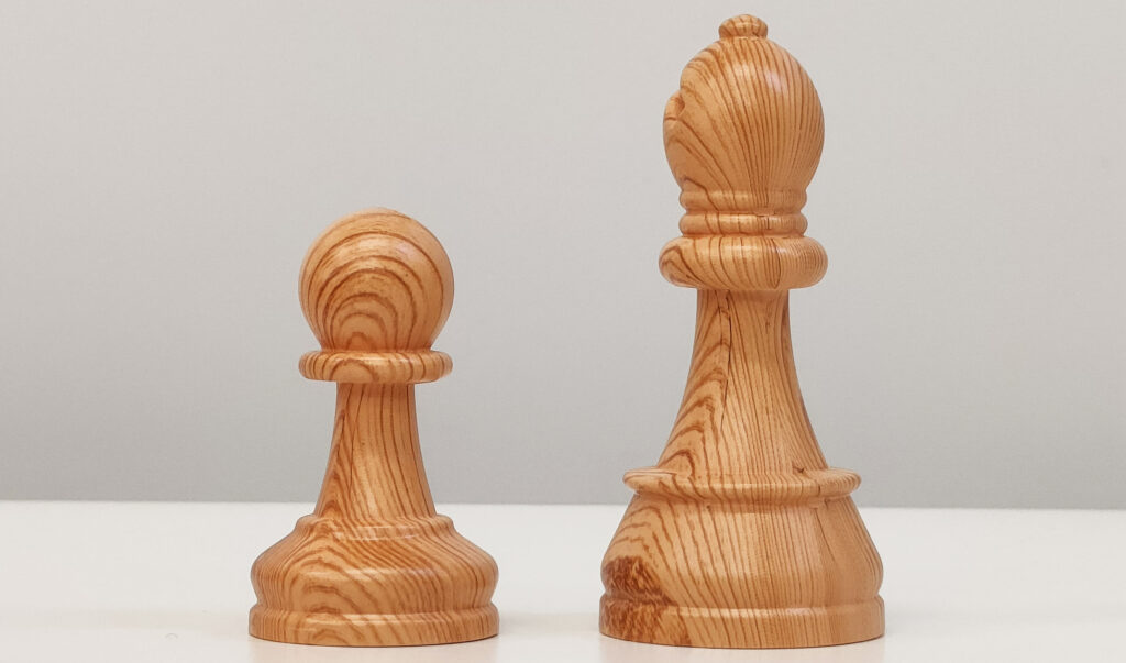 Two wooden chess pieces, a pawn and a king, standing on a white surface.