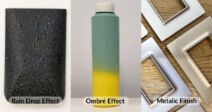 Three images showcasing different spray paint finishes: rain drop effect on a black vase, ombré effect on a yellow and green bottle, and metallic finish on multiple silver switch plates.