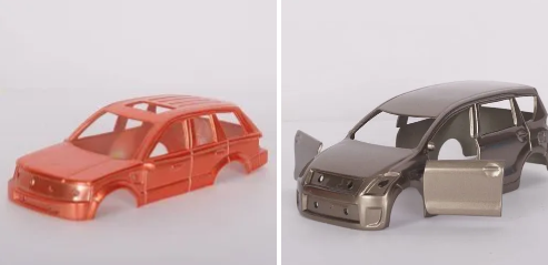 Two toy car models, one in orange and one in silver, showcasing the results of spray painting.