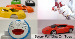 Spray painting on toys, featuring a person spray painting a red toy car and various other painted toys in the background.