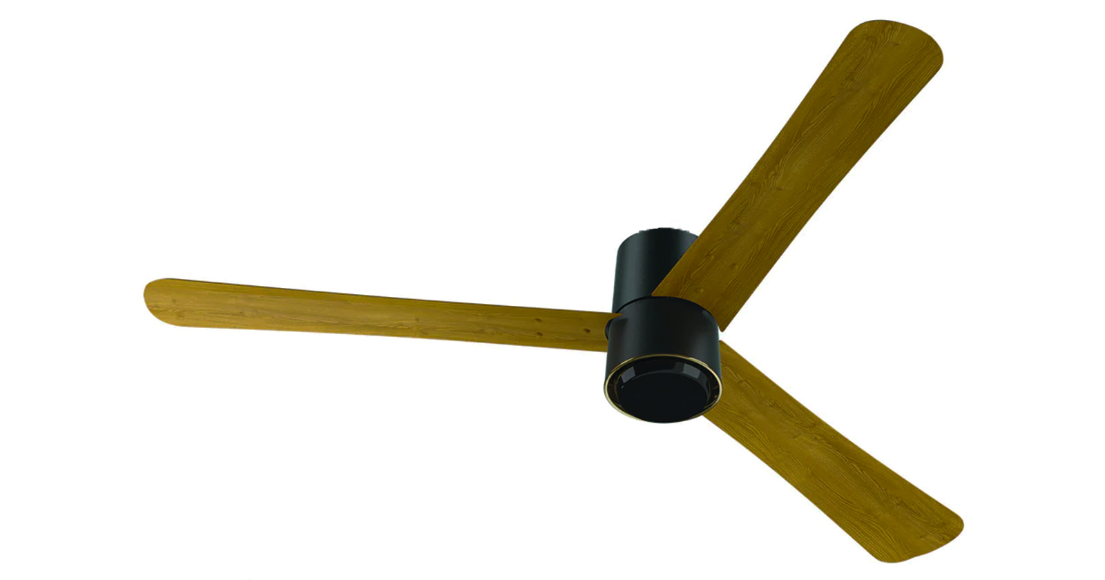 A modern ceiling fan with three wooden blades and a black motor housing.