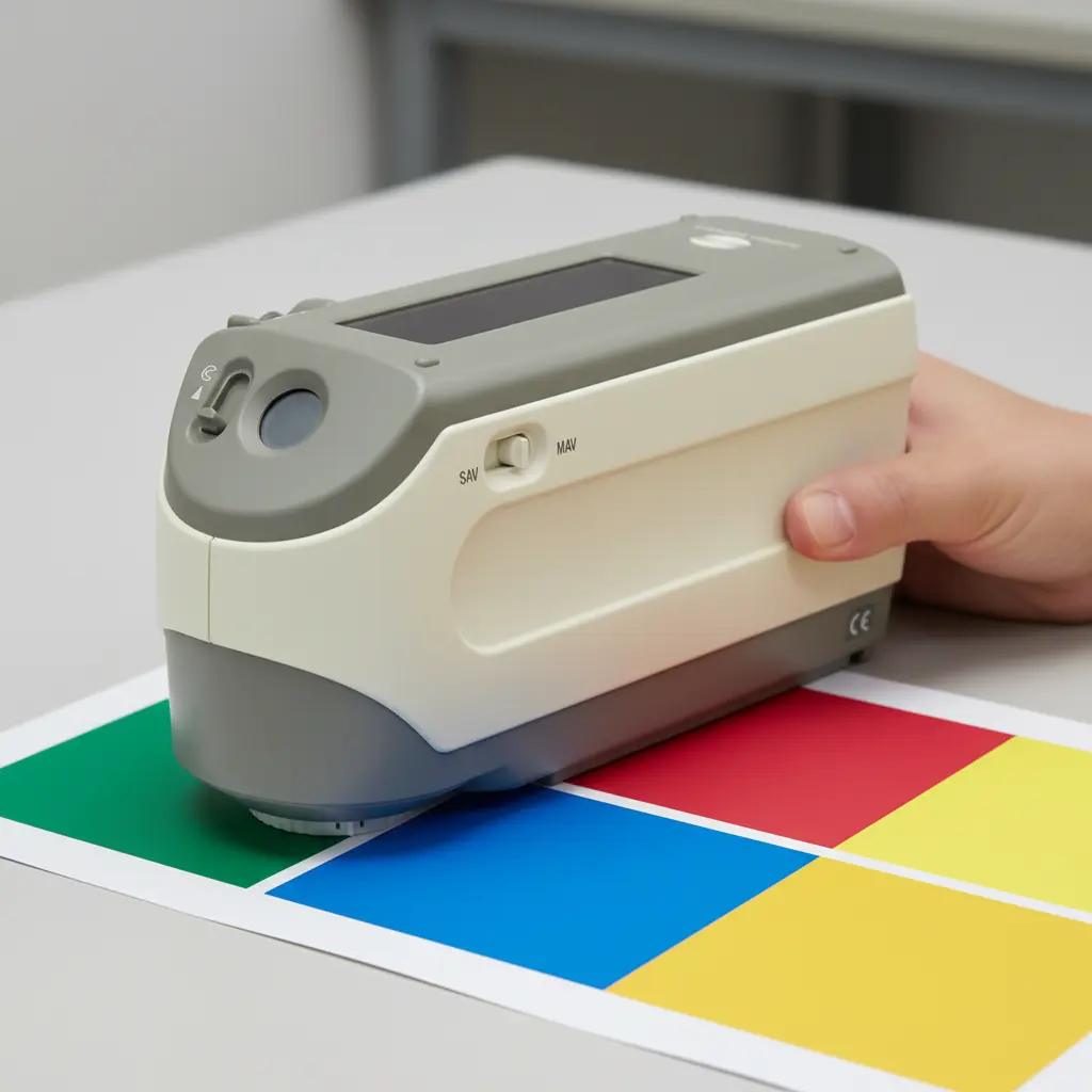 A spectrophotometer measuring color accuracy on colored paint samples for quality control at Paintking.