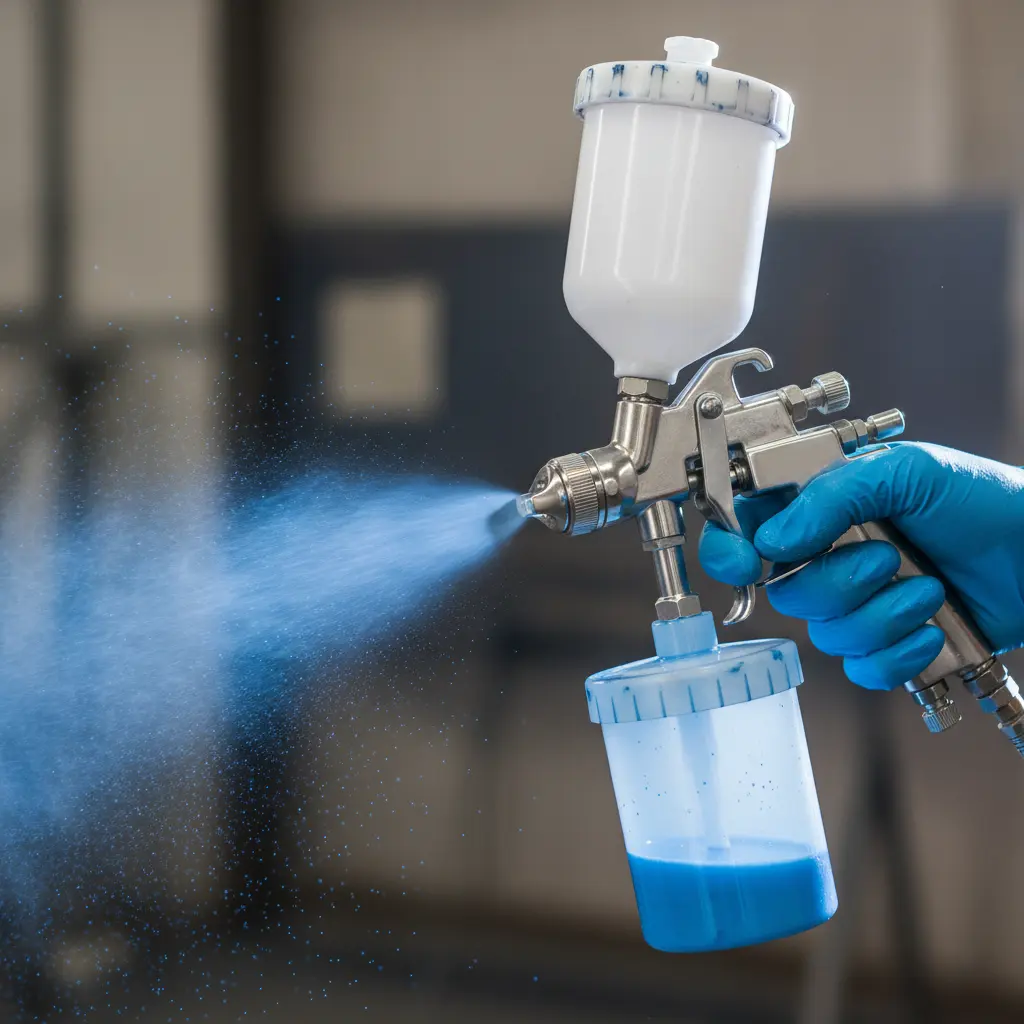A gloved hand applying blue paint with a spray gun during the spray painting process.